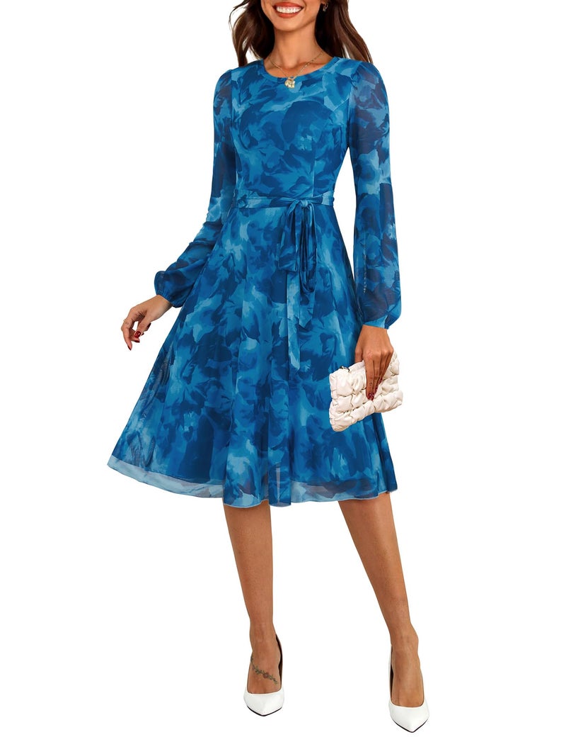 Zattcas Womens 2026 Spring Fall Mesh Floral Long Sleeve Midi Dress Crew Neck Puff Sleeve A Line Petite Winter Christmas Holiday Party Cocktail Wedding Guest Dress Blue M - Image 1