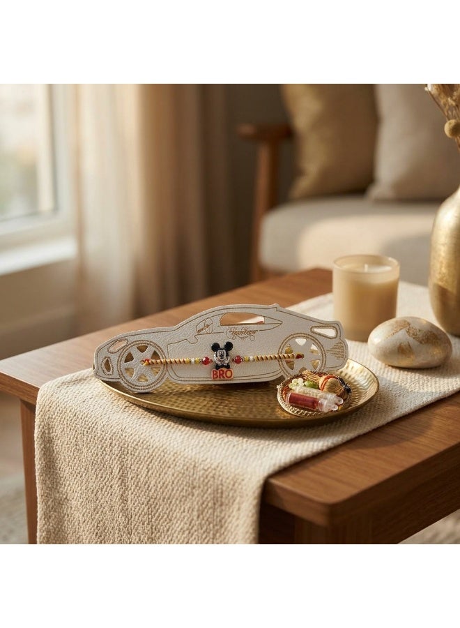 Kids Cartoon Mouse Rakhi with BRO Charm and Puja Plate with Roli and Chawal – 1 Rakhi Set - Image 2