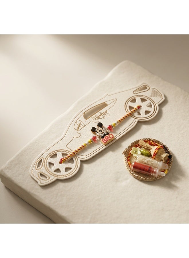 Kids Cartoon Mouse Rakhi with BRO Charm and Puja Plate with Roli and Chawal – 1 Rakhi Set - Image 1