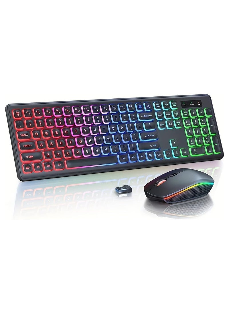 Backlit 2.4G Wireless Keyboard and Mouse Combo Rechargeable for Office Home, USB ChargingFull Size Ergonomic Tilt Angle Keyboard with Mouse for Mac OS, for Windows