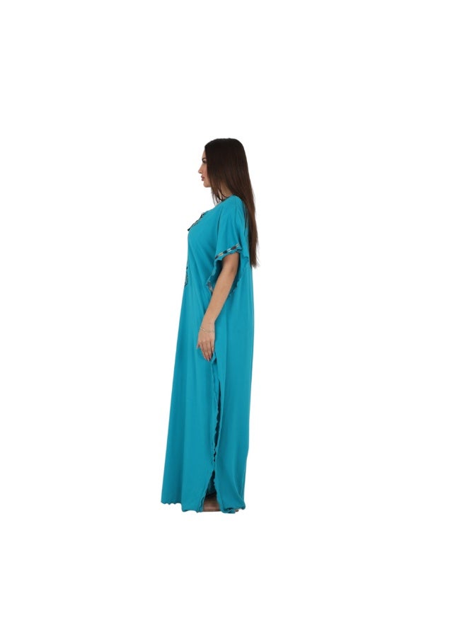 ZECOTEX Premium Cotton Embroidered Jalabiya - Short Sleeve V-Neck Caftan with Tassel & Ruffle Trim - Plus Size Loungewear L to 5XL - Turquoise Blue - Image 3