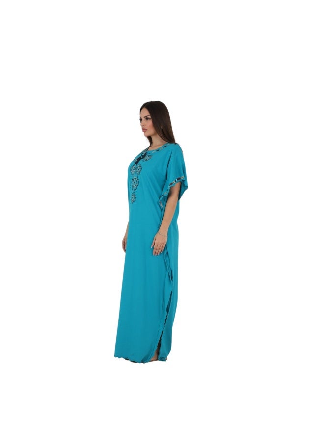 ZECOTEX Premium Cotton Embroidered Jalabiya - Short Sleeve V-Neck Caftan with Tassel & Ruffle Trim - Plus Size Loungewear L to 5XL - Turquoise Blue - Image 2