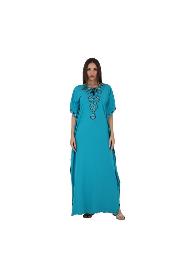 ZECOTEX Premium Cotton Embroidered Jalabiya - Short Sleeve V-Neck Caftan with Tassel & Ruffle Trim - Plus Size Loungewear L to 5XL - Turquoise Blue - Image 1