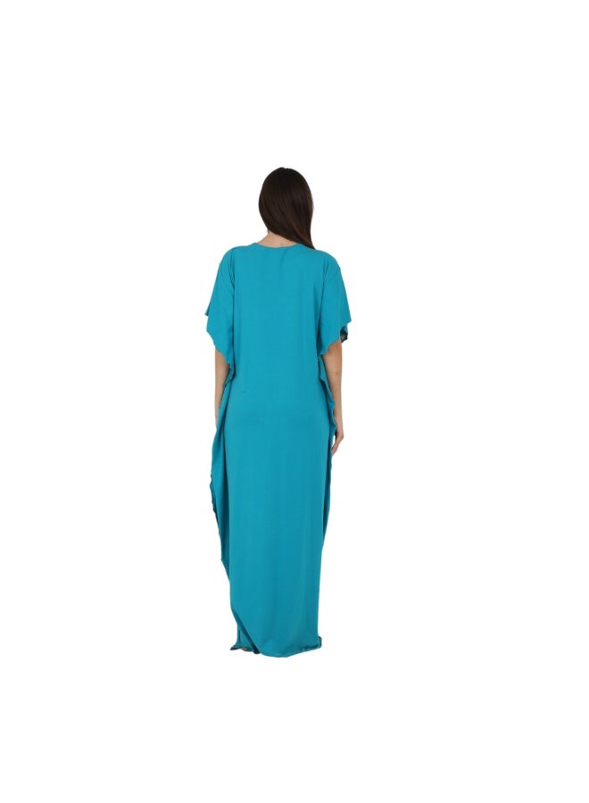 ZECOTEX Premium Cotton Embroidered Jalabiya - Short Sleeve V-Neck Caftan with Tassel & Ruffle Trim - Plus Size Loungewear L to 5XL - Turquoise Blue - Image 4