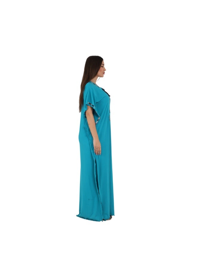 ZECOTEX Premium Cotton Embroidered Jalabiya - Short Sleeve V-Neck Caftan with Tassel & Ruffle Trim - Plus Size Loungewear L to 5XL - Turquoise Blue - Image 5