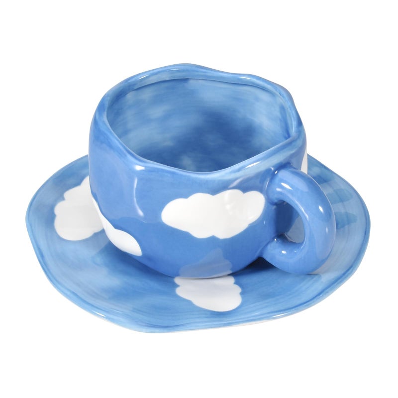 Koythin Ceramic Coffee Mug with Saucer Cute Unique Handmade Cup for Women for Office and Home Dishwasher and Microwave Safe 10 oz300 ml for Latte Tea Milk Dark Blue Sky and White Clouds