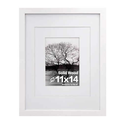 Egofine 11x14 Picture Frame White - Photo Frame Made of Solid Wood Covered by Plexiglass for Table Top Display Pictures 5x7/8x10 with Mat or 11x14 Without Mat - with Wall Mounting Hardware - Image 1
