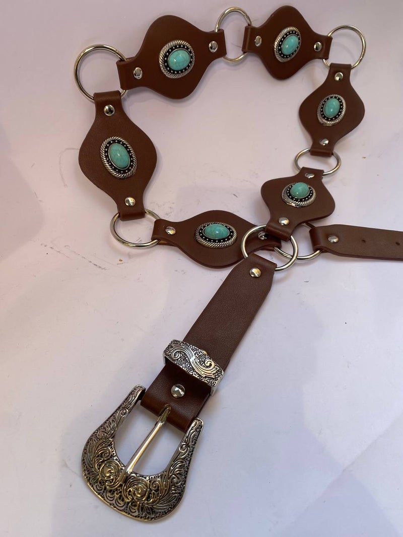 Brown Leather Waist Belt with Turquoise Stones for Women