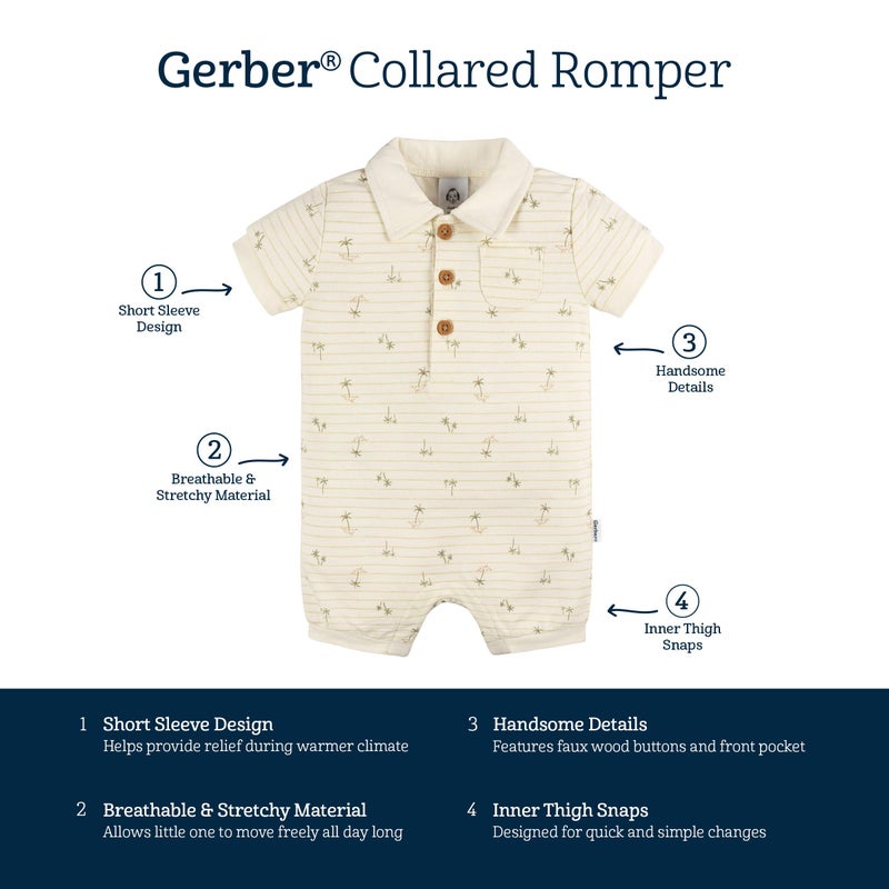 Gerber Baby Boys Cotton Polo Romper, Palm Tree Stripe, 0-3 Months - Image 5