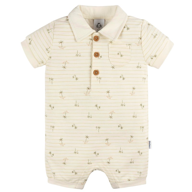 Gerber Baby Boys Cotton Polo Romper, Palm Tree Stripe, 0-3 Months - Image 1