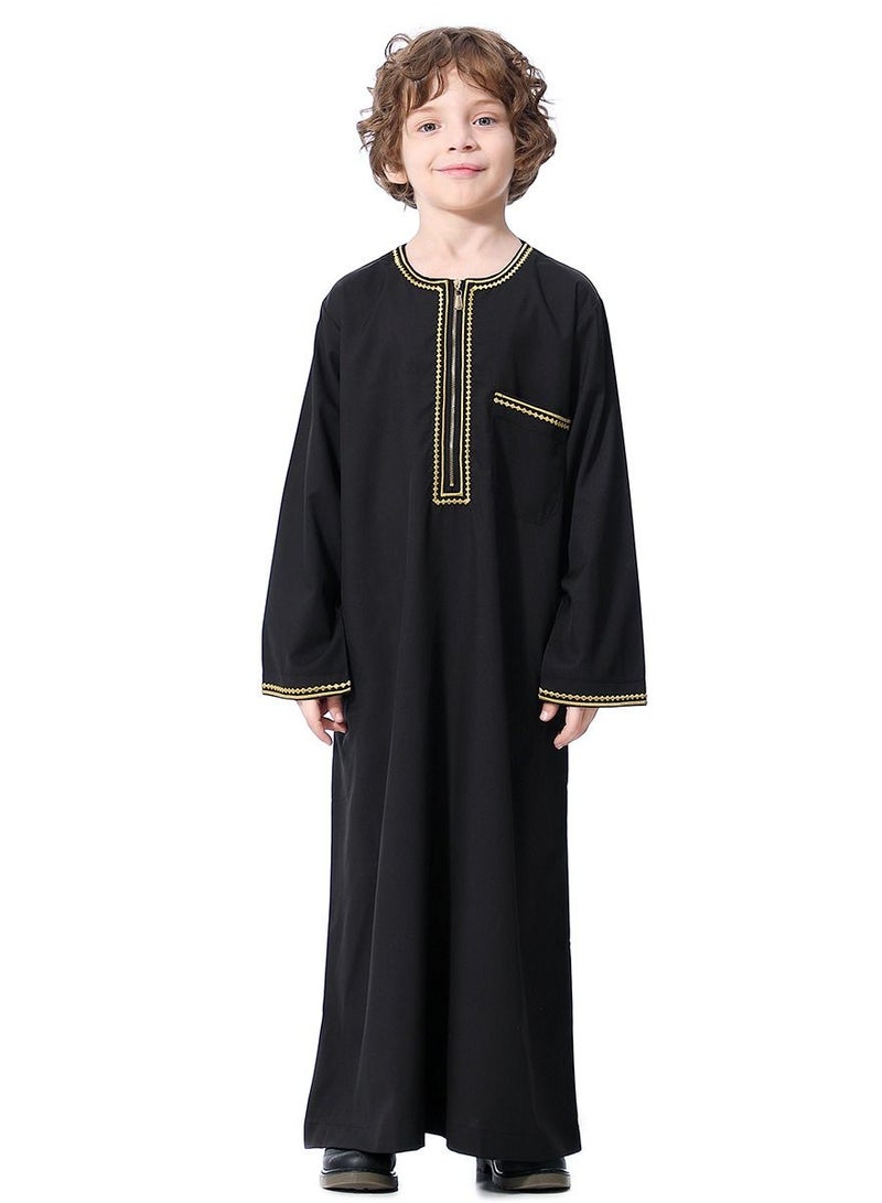 إسكدنيا Boys Muslim Clothing Long Sleeve Kaftan Embroidered Robe With Pockets And Zipper Islamic Arabic Abaya Clothes Black  - Image 1