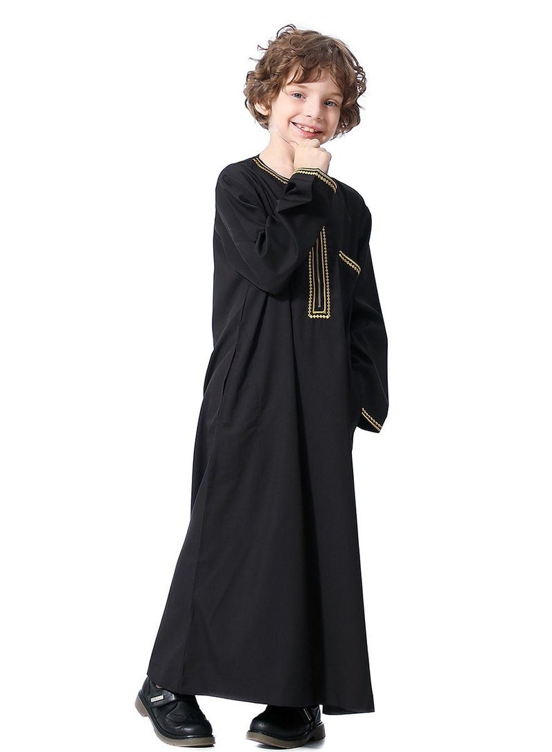 إسكدنيا Boys Muslim Clothing Long Sleeve Kaftan Embroidered Robe With Pockets And Zipper Islamic Arabic Abaya Clothes Black  - Image 2