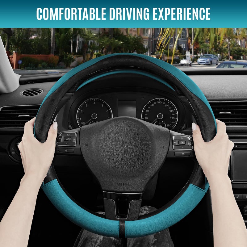PIC AUTO Steering Wheel Cover, Black Patterned & Blue Leather Patchwork Design, Universal Fit 14.5"â€“15.5", Anti-Slip, Odor-Free, Soft PU Grain Leather, Durable Grip Car Accessory for Girls & Women - Image 5