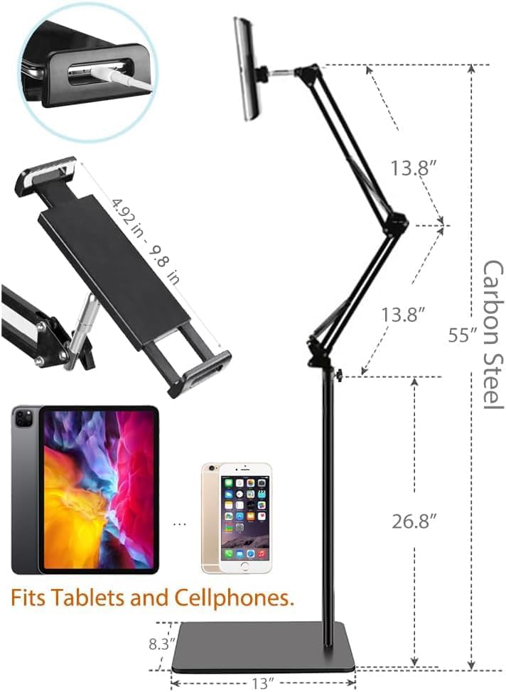 Sounce Adjustable Tripod Floor Stand for 4 to 11 Inch Mobiles & Tablets | Ideal for Overhead Video Recording, Watching Movies, Online Classes, Cooking, Work from Home Idea - Image 5