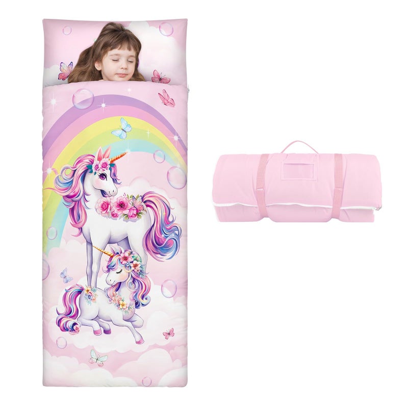 Decalsweet Kids Sleeping Bag Toddler Nap Mat with Removable Pillow Large Foldable Sleeping Bag for Girls Boys Easy Clean Slumber Bag with Double Zip for Camping School Preschool Daycare 5924 inch - Image 2