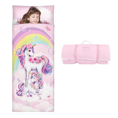Decalsweet Kids Sleeping Bag Toddler Nap Mat with Removable Pillow Large Foldable Sleeping Bag for Girls Boys Easy Clean Slumber Bag with Double Zip for Camping School Preschool Daycare 5924 inch - Image 1
