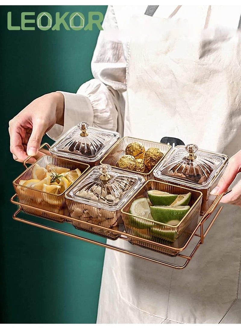 LEOKOR Snack Serving Tray with Lid, 6 Plastic Clear Candy and Nut Serving Container set with Metal Rack - Image 2