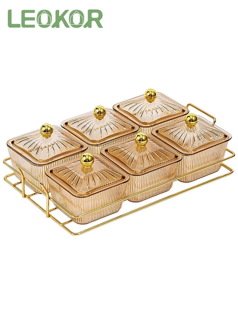 LEOKOR Snack Serving Tray with Lid, 6 Plastic Clear Candy and Nut Serving Container set with Metal Rack - Image 1