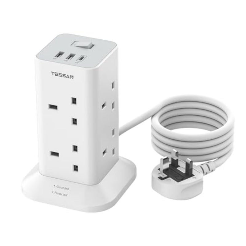 وصلة تمديد برجية مع فتحات USB C، مقبس تمديد 8 اتجاهات مع مفتاح، شريط طاقة محمي من زيادة التيار مع كابل 2 متر للمنزل واللوازم المدرسية - Image 1