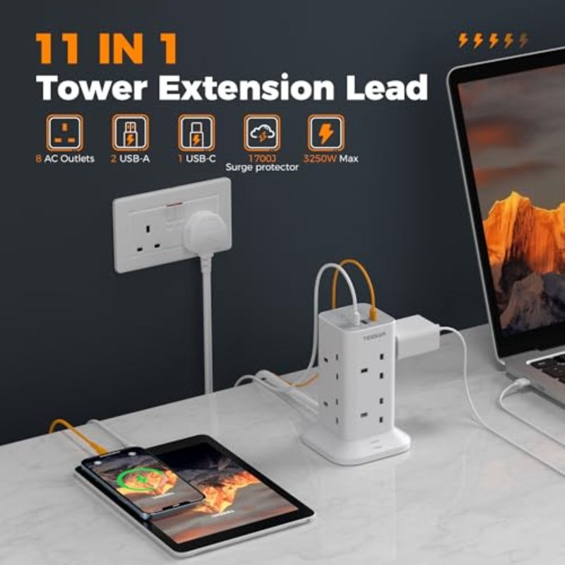وصلة تمديد برجية مع فتحات USB C، مقبس تمديد 8 اتجاهات مع مفتاح، شريط طاقة محمي من زيادة التيار مع كابل 2 متر للمنزل واللوازم المدرسية - Image 2