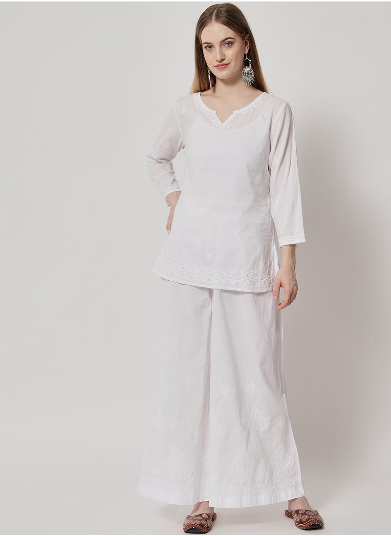 Alaya - Hand Embroidered Chikankari Women White Pant-AL3570 - Image 1