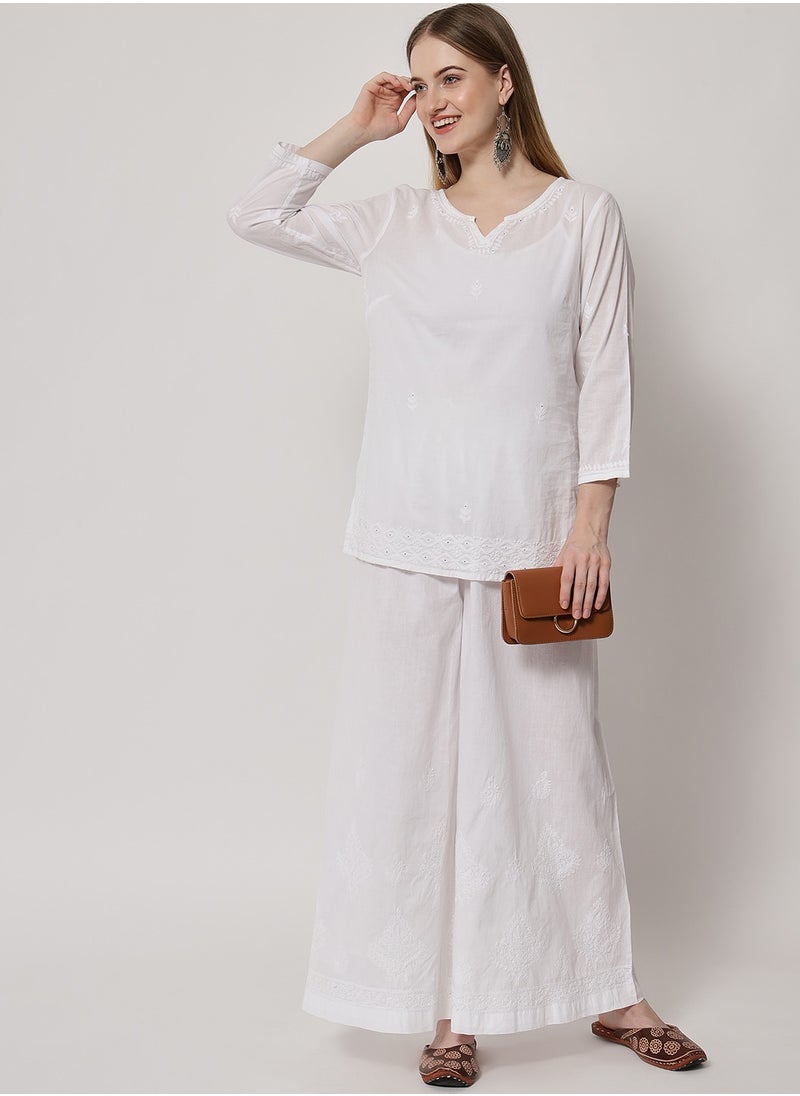 Alaya - Hand Embroidered Chikankari Women White Pant-AL3570 - Image 1