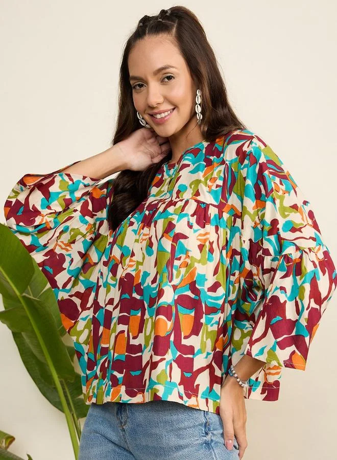 WineRed بلوزة بأكمام جناح الخفاش مطبوعة