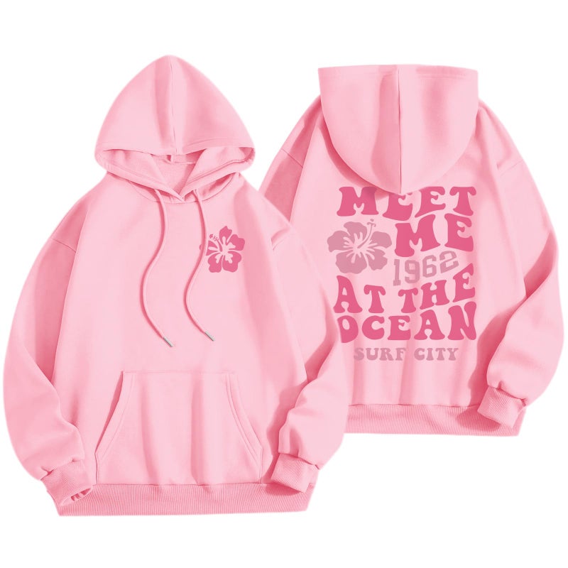 Lubpow Cute Pink Flower Hoodie for Woman Preppy Sweatshirts Trendy Puff Print Letter Graphic Hoodies Casual Pullover Tops(Pink,S) - Image 1