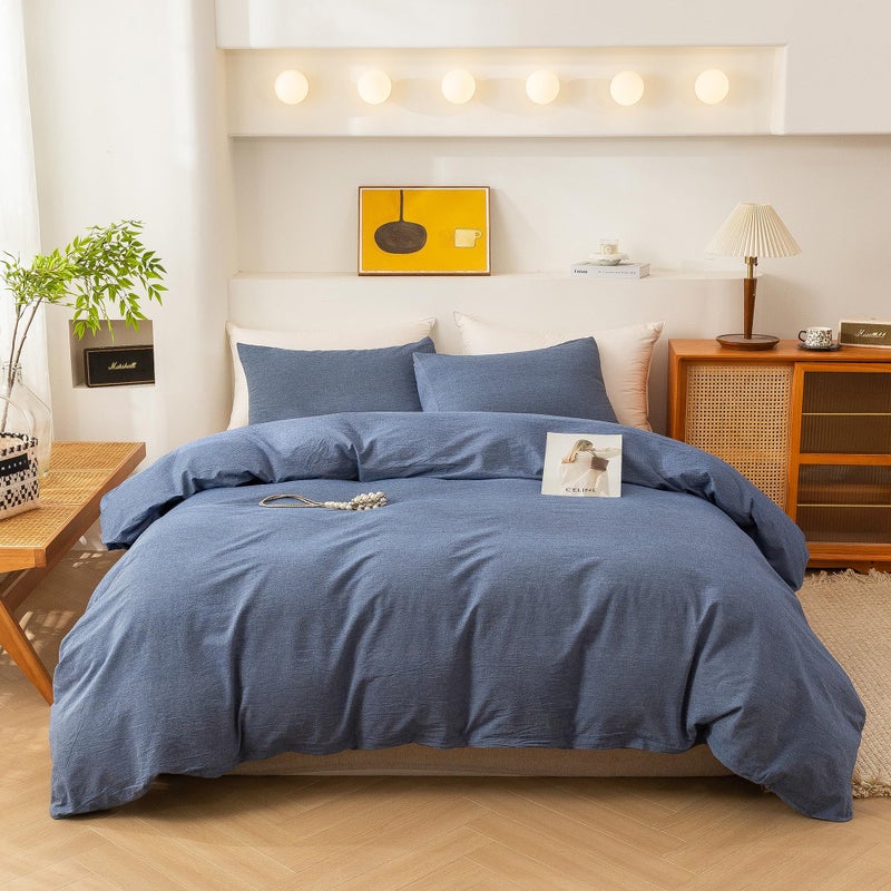 ECOCOTT ECOCOTT Denim Blue Duvet Cover King Size 100 Washed Cotton 1 Duvet Cover with Zipper and 2 Pillowcases Ultra Soft and Easy Care Breathable Cozy Bedding Set Denim Blue King 