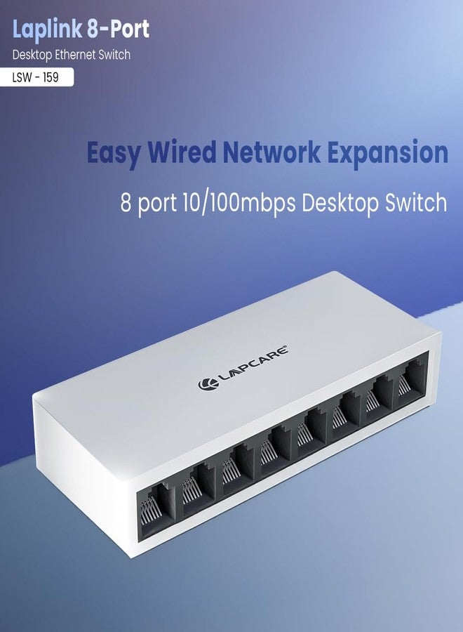 LAPCARE LAPLINK 8-Port 10/100Mbps Ethernet Switch - Plug & Play Unmanaged Network Switch with 1.6Gbps Bandwidth, Auto-Negotiation, IEEE 802.3 Compliance, LED Indicators, DC 5V Power - Image 2