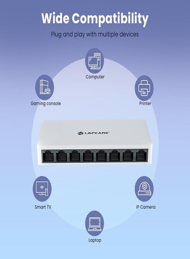LAPCARE LAPLINK 8-Port 10/100Mbps Ethernet Switch - Plug & Play Unmanaged Network Switch with 1.6Gbps Bandwidth, Auto-Negotiation, IEEE 802.3 Compliance, LED Indicators, DC 5V Power - Image 5