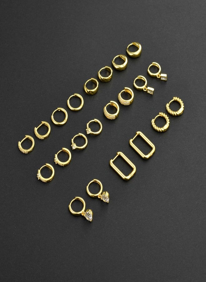 Tornito 11 Pairs Small Hoop Earrings Set 18K Gold Plated Cubic Zirconia Dangle Cartilage Hoops For Multiple Piercing Lightweight Twist Chunky Huggie Hoop Earrings For Women Men 10mm Gold Tone - Image 3