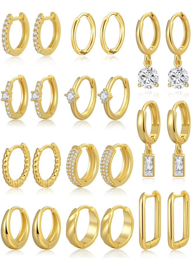 Tornito 11 Pairs Small Hoop Earrings Set 18K Gold Plated Cubic Zirconia Dangle Cartilage Hoops For Multiple Piercing Lightweight Twist Chunky Huggie Hoop Earrings For Women Men 10mm Gold Tone - Image 1