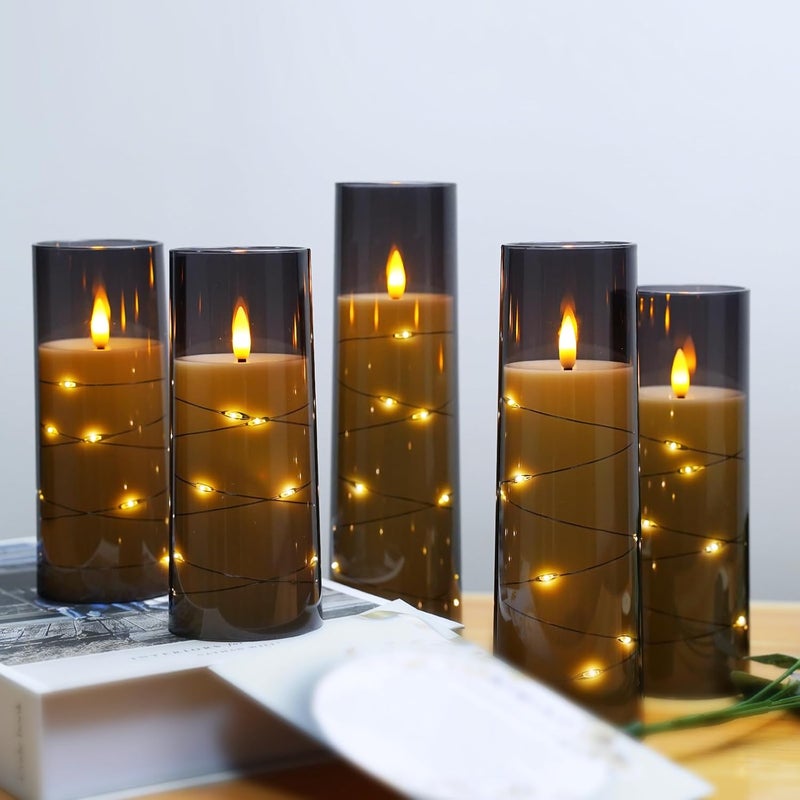 شموع LED بدون لهب من مع مؤقت، 5 قطع، شموع وامضة بدون لهب لأجواء رومانسية وديكور المنزل، غلاف أكريليك ثابت، مع سلسلة نجوم مدمجة، شموع تعمل بالبطارية (رمادي) - Image 5