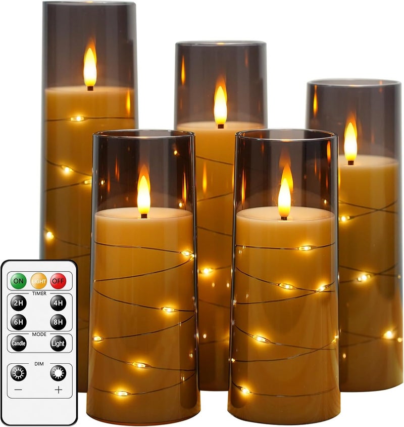 شموع LED بدون لهب من مع مؤقت، 5 قطع، شموع وامضة بدون لهب لأجواء رومانسية وديكور المنزل، غلاف أكريليك ثابت، مع سلسلة نجوم مدمجة، شموع تعمل بالبطارية (رمادي) - Image 1