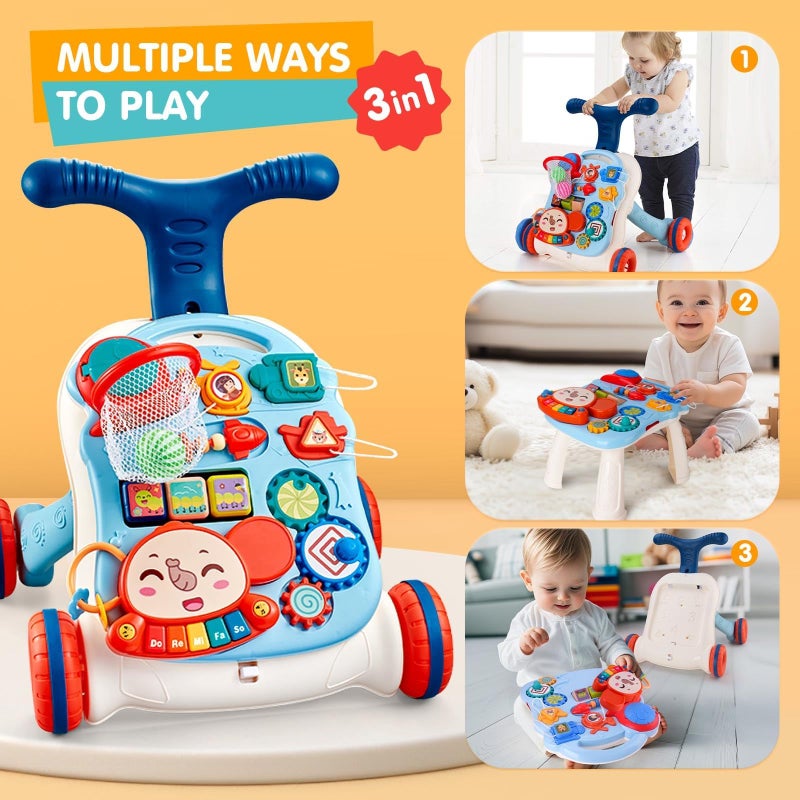 AuntyFey Baby Walker, 3 in 1 Push Walker for Baby Girls Boys, Baby Walking Toy for 1 Year Old Learning to Walk, Sit to Stand Baby Walker Push Toy for Girl 12 Months, Blue - Image 2