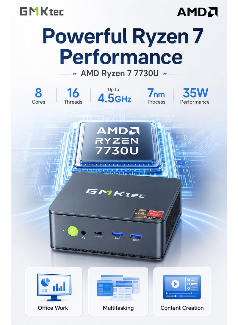جمكتيك كمبيوتر GMKtec M5 فائق الصغر، معالج AMD Ryzen 7 7730U، ثماني النواة وستة عشر مسارًا، شاشة ثلاثية بدقة 4K، منفذي LAN بسرعة 2.5 جيجابت، واي فاي 6E، بلوتوث 5.2، تبريد بمروحتين، ذاكرة وصول عشوائي DDR4 قابلة للترقية وقرص SSD من نوع M.2، كمبيوتر مكتبي صغير الحجم - Image 2