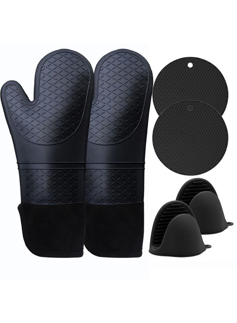 XiuWoo Silicone Oven Mitts and Pot Holders Set, Heat Resistant Mittens with Mini Gloves Hot Pads, for Kitchen Baking Cooking, Quilted Liner, Black,Pack of 6  - Image 1