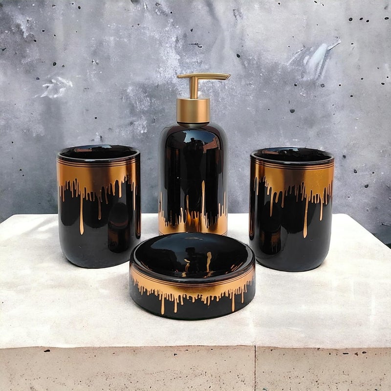 Whizzo Ceramic Bathroom Accessories Set Ceramic 4 Pieces Bathroom Accessories Set Soap Dispenser Toothbrush Holder Tumbler Soap Dish The Best Gifting Choice Black - Image 1