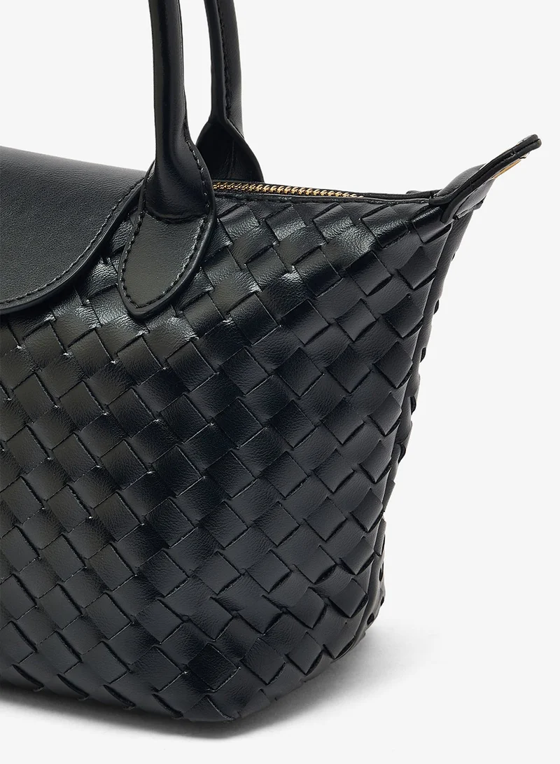 Ella Black Woven Textured Top Handle Medium Clutch With Strap for Women | Best Price UAE