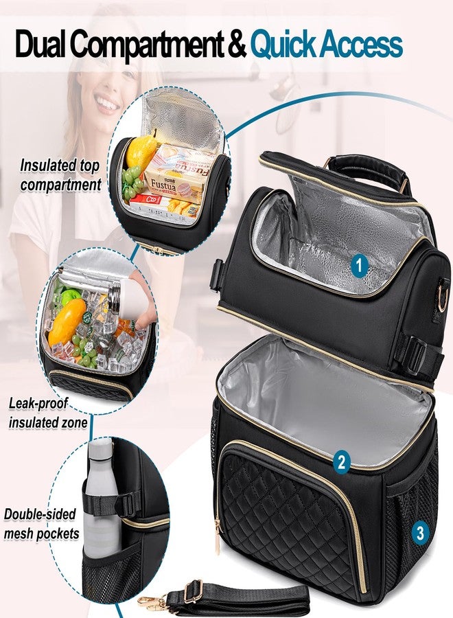 Romenrita Lunch Bags for Women,Dual Compartment Lunch Box Lunch Bag for Work,Leakproof Lunch Cooler Large Insulated Lunchbox for Adult for Women Men, Lunchbag for Picnic Beach (Black) - Image 2