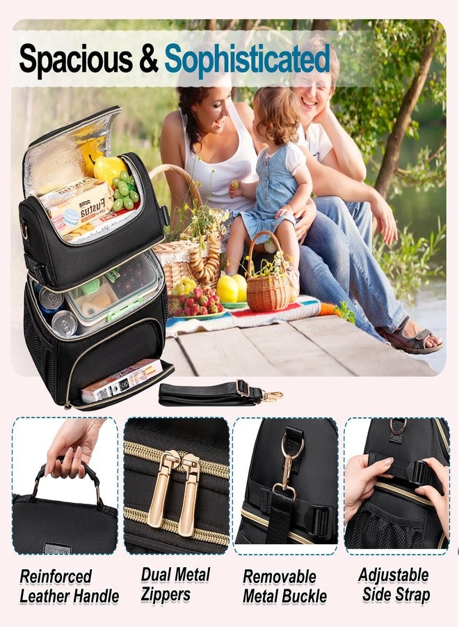 Romenrita Lunch Bags for Women,Dual Compartment Lunch Box Lunch Bag for Work,Leakproof Lunch Cooler Large Insulated Lunchbox for Adult for Women Men, Lunchbag for Picnic Beach (Black) - Image 4