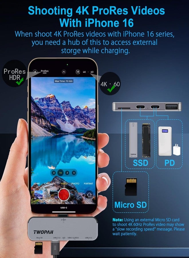 TWOPAN USB C iPhone Hub for ProRes Video Recording - Ultra-Slim Aluminum USB 3.2, Dual USB-C, Micro SD, and Charging Port Hub for iPhone 17/16/15 Pro/Pro Max - Image 2