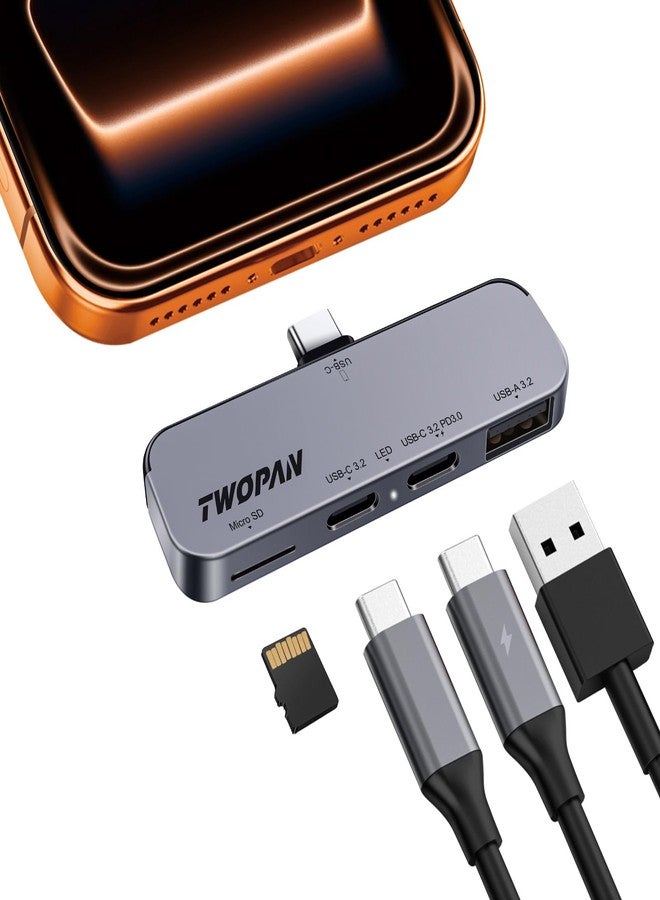 TWOPAN USB C iPhone Hub for ProRes Video Recording - Ultra-Slim Aluminum USB 3.2, Dual USB-C, Micro SD, and Charging Port Hub for iPhone 17/16/15 Pro/Pro Max - Image 1