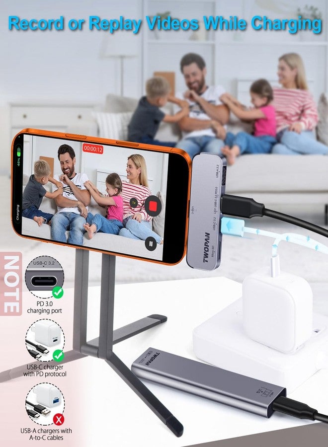 TWOPAN USB C iPhone Hub for ProRes Video Recording - Ultra-Slim Aluminum USB 3.2, Dual USB-C, Micro SD, and Charging Port Hub for iPhone 17/16/15 Pro/Pro Max - Image 3