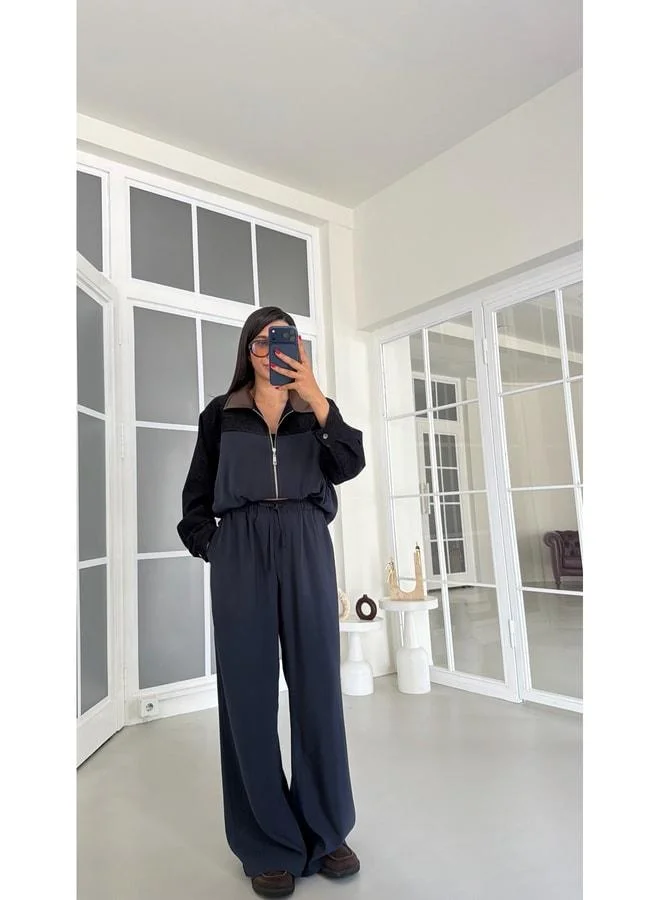 Gaus  Navy Faux-Leather Collared Denim Jacket with Lining and Details, Waist-Elastic Pants – Two-Piece Tencel Suit GA. for Women | Best Price UAE