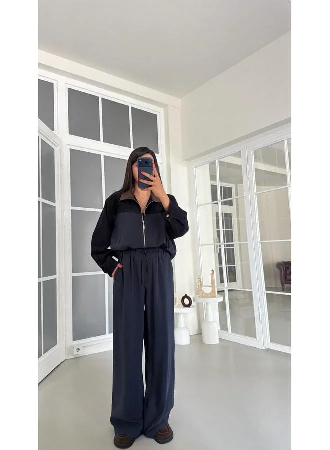 Navy Faux-Leather Collared Denim Jacket with Lining and Details, Waist-Elastic Pants – Two-Piece Tencel Suit GA.
