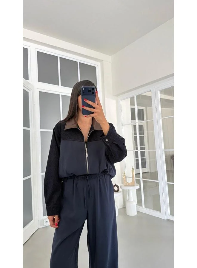 Gaus Navy Faux-Leather Collared Denim Jacket with Lining and Details, Waist-Elastic Pants – Two-Piece Tencel Suit GA.