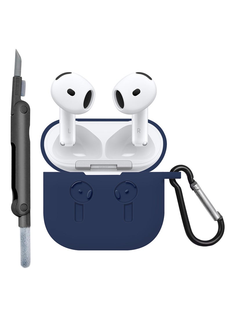 CATANES ( for Apple Airpods 4 2024 ) Case with Cleaner Kit Shockproof Protective Soft Silicone Case Cover with Carabiner Keychain - Navy Blue Case Black Cleaner - Image 1