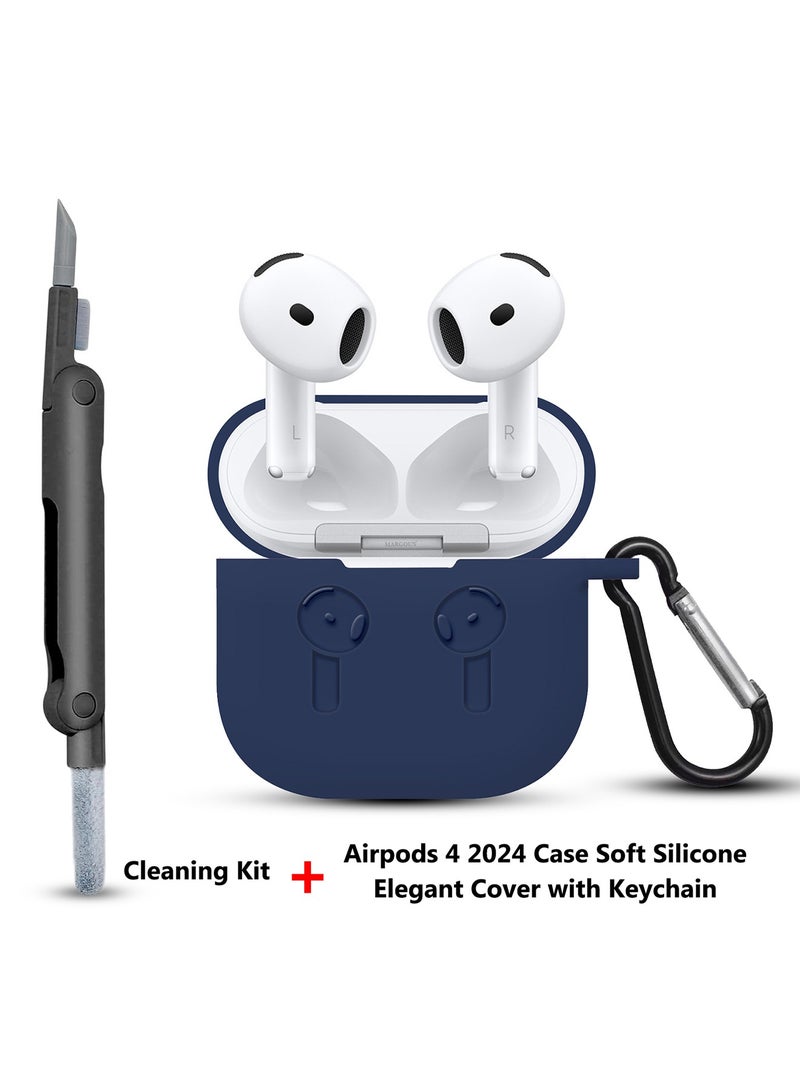 CATANES ( for Apple Airpods 4 2024 ) Case with Cleaner Kit Shockproof Protective Soft Silicone Case Cover with Carabiner Keychain - Navy Blue Case Black Cleaner - Image 2